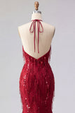 Sparkly Burgundy Halter Backless Mermaid Long Beaded Ball Dress with Fringes