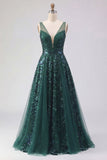 Sparkly Dark Green V-Neck Tulle A Line Long Sequin Ball Dress
