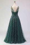 Sparkly Dark Green V-Neck Tulle A Line Long Sequin Ball Dress