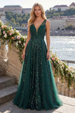 Sparkly Dark Green V-Neck Tulle A Line Long Sequin Ball Dress