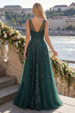 Sparkly Dark Green V-Neck Tulle A Line Long Sequin Ball Dress