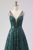 Sparkly Dark Green V-Neck Tulle A Line Long Sequin Ball Dress