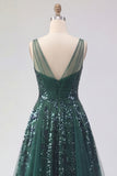 Sparkly Dark Green V-Neck Tulle A Line Long Sequin Ball Dress