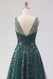 Sparkly Dark Green V-Neck Tulle A Line Long Sequin Ball Dress