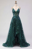 Sparkly Dark Green Corset Tulle High Low Sequin Ball Dress