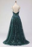 Sparkly Dark Green Corset Tulle High Low Sequin Ball Dress