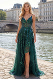 Sparkly Dark Green Corset Tulle High Low Sequin Ball Dress