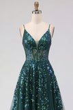 Sparkly Dark Green Corset Tulle High Low Sequin Ball Dress