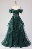 Sparkly Dark Green Sequin A-Line Off the Shoulder Corset Ruched Long Ball Dress