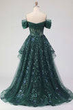 Sparkly Dark Green Sequin A-Line Off the Shoulder Corset Ruched Long Ball Dress