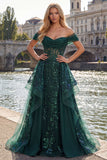 Sparkly Dark Green Sequin A-Line Off the Shoulder Corset Ruched Long Ball Dress
