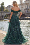 Sparkly Dark Green Sequin A-Line Off the Shoulder Corset Ruched Long Ball Dress