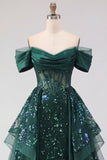 Sparkly Dark Green Sequin A-Line Off the Shoulder Corset Ruched Long Ball Dress