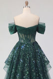 Sparkly Dark Green Sequin A-Line Off the Shoulder Corset Ruched Long Ball Dress