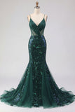 Sparkly Dark Green Mermaid Spaghetti Strap Sequin Tulle Long Ball Dress with Appliques