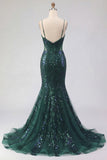Sparkly Dark Green Mermaid Spaghetti Strap Sequin Tulle Long Ball Dress with Appliques