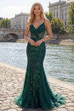 Sparkly Dark Green Mermaid Spaghetti Strap Sequin Tulle Long Ball Dress with Appliques