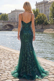 Sparkly Dark Green Mermaid Spaghetti Strap Sequin Tulle Long Ball Dress with Appliques