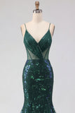 Sparkly Dark Green Mermaid Spaghetti Strap Sequin Tulle Long Ball Dress with Appliques