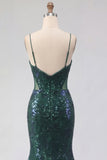 Sparkly Dark Green Mermaid Spaghetti Strap Sequin Tulle Long Ball Dress with Appliques