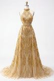 Sparkly Golden Halter A-Line Hollow Long Ball Dress with Beading