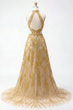 Sparkly Golden Halter A-Line Hollow Long Ball Dress with Beading