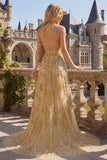 Sparkly Golden Halter A-Line Hollow Long Ball Dress with Beading
