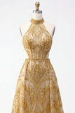 Sparkly Golden Halter A-Line Hollow Long Ball Dress with Beading