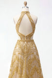 Sparkly Golden Halter A-Line Hollow Long Ball Dress with Beading