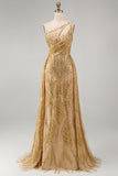 Sparkly Golden Mermaid One Shoulder Beaded Long Ball Dress with Chapel Train