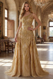 Sparkly Golden Mermaid One Shoulder Beaded Long Ball Dress with Chapel Train