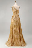 Sparkly Golden Mermaid One Shoulder Beaded Long Ball Dress with Chapel Train