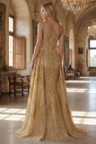 Sparkly Golden Mermaid One Shoulder Beaded Long Ball Dress with Chapel Train