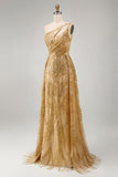 Sparkly Golden Mermaid One Shoulder Beaded Long Ball Dress with Chapel Train
