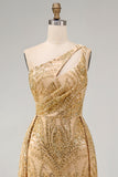 Sparkly Golden Mermaid One Shoulder Beaded Long Ball Dress with Chapel Train