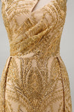 Sparkly Golden Mermaid One Shoulder Beaded Long Ball Dress with Chapel Train