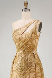 Sparkly Golden Mermaid One Shoulder Beaded Long Ball Dress with Chapel Train