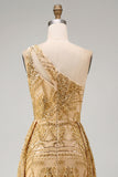 Sparkly Golden Mermaid One Shoulder Beaded Long Ball Dress with Chapel Train