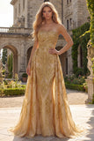 Sparkly Gold Strapless Mermaid Ball Dress with Side Drape