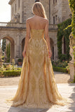 Sparkly Gold Strapless Mermaid Ball Dress with Side Drape