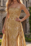 Sparkly Gold Strapless Mermaid Ball Dress with Side Drape
