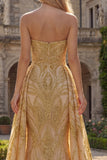 Sparkly Gold Strapless Mermaid Ball Dress with Side Drape
