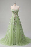Strapless Green Floral Embroidered A-Line Tulle Ball Dress