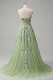 Strapless Green Floral Embroidered A-Line Tulle Ball Dress