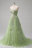 Strapless Green Floral Embroidered A-Line Tulle Ball Dress
