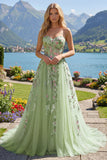 Strapless Green Floral Embroidered A-Line Tulle Ball Dress