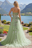 Strapless Green Floral Embroidered A-Line Tulle Ball Dress