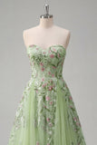 Strapless Green Floral Embroidered A-Line Tulle Ball Dress
