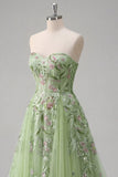 Strapless Green Floral Embroidered A-Line Tulle Ball Dress