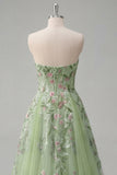 Strapless Green Floral Embroidered A-Line Tulle Ball Dress